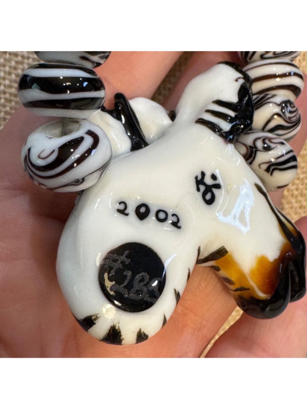 Handcrafted Glass Zebra Necklace Black & White Beads Signed 2002 Adjustable - Picture 3 of 10